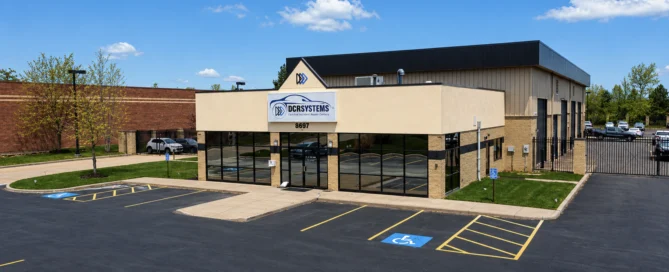 Front elevation of DCR Systems Mentor collision repair facility with customer parking area