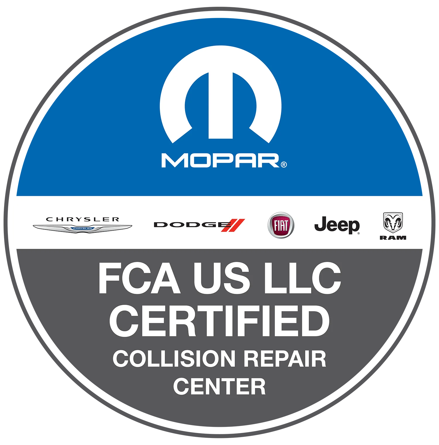 Mopar FCA US LLC certified collision repair center badge