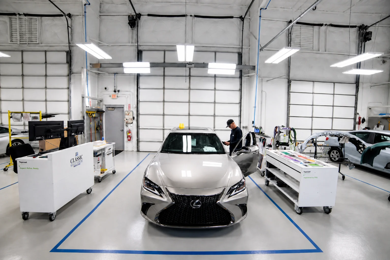 Vehicle inspection and blueprinting area inside collision repair facility at DCR Systems Mentor
