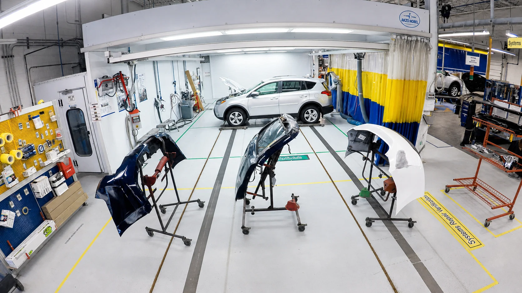 Automotive bumper panels staged for refinishing and paint preparation at DCR Systems Mentor collision repair facility